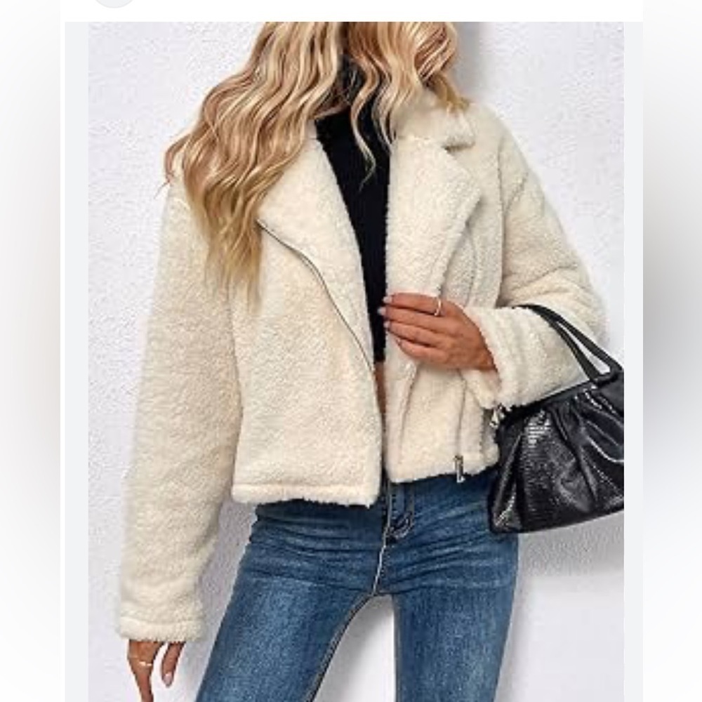 Forever 21 Cream Teddy Sherpa Moto Jacket Size S